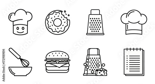 Collection of simple line art icons representing food preparation and culinary tools