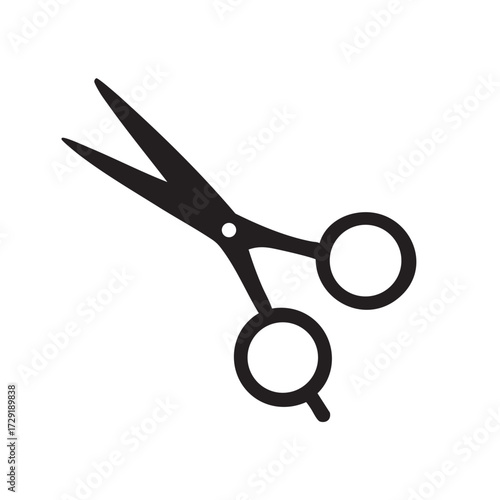 Simple black silhouette of open barber scissors on white background for haircutting and styling concepts