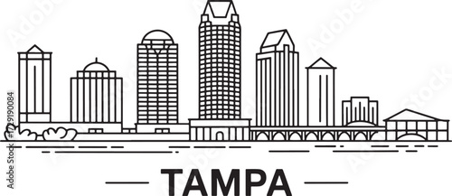 Outline Skyline View Downtown Tampa Florida along Water with Bridges vector Graphic