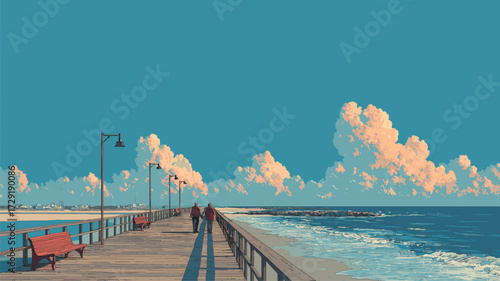 Scenic wooden pier stretching into calm ocean under vibrant clouds for travel advertising.
