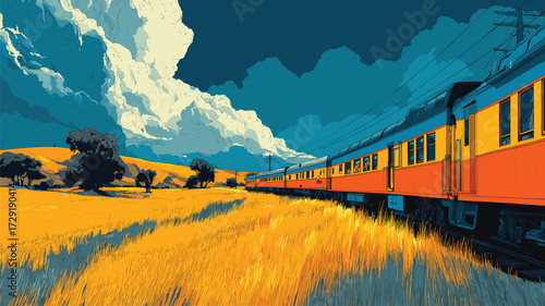 Scenic yellow countryside train journey under dramatic cloudy skies for travel marketing.
