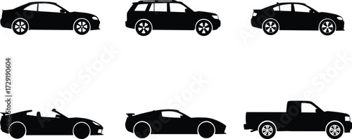 Car silhouettes set, coupe, SUV, hatchback, convertible, sports car, pickup truck, automobile icons, vehicle design, transportation vector illustration