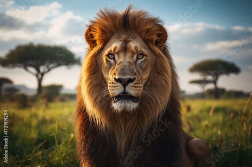 A male lion featuring a dense dark mane in a vast savannah