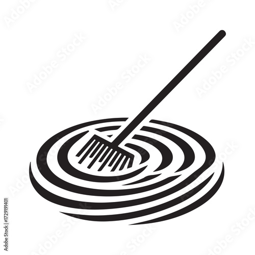 Zen garden rake making ripple lines in sand vector silhouette clip art logo design concept illustration