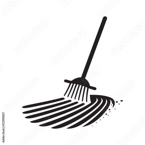Zen garden rake making ripple lines in sand vector silhouette clip art logo design concept illustration
