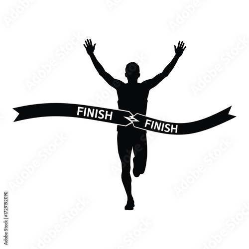 Runner breaks through finish line ribbon victory celebration sport achievement silhouette silhouette