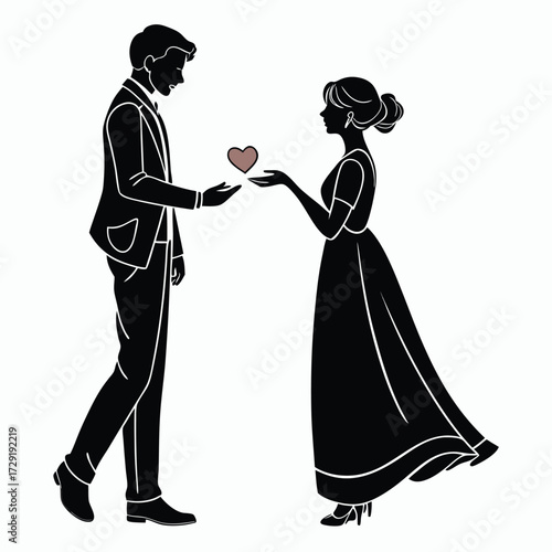 silhouette illustration of a man and a woman. The man, dressed in a suit, is holding out a small, pale-colored heart in his open palm to the woman. The woman, in a long dress, is receiving the heart.