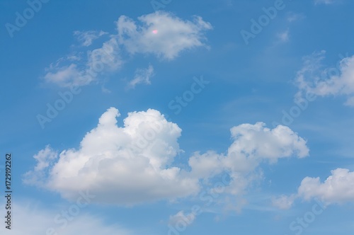 Clear blue sky with fluffy white clouds