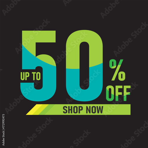 Bold and modern 50 off graphic with a vibrant green and blue color scheme, ideal for shop now promotions isolated on white background