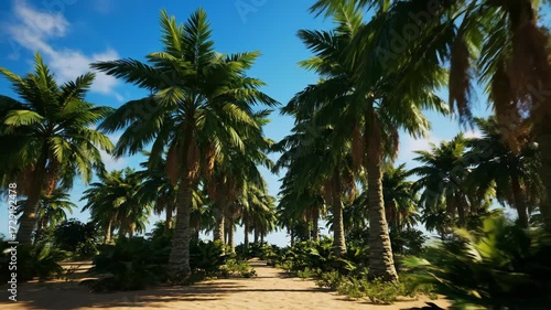 Slow dolly shot moving through a lush palm tree grove under a bright blue sky travel, calm, peaceful