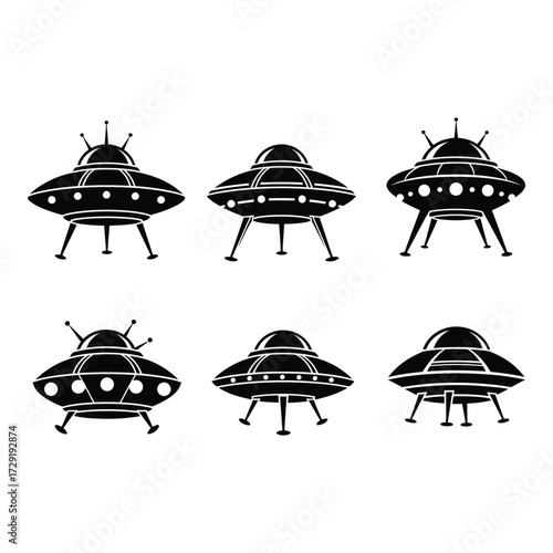 Collection of silhouetted flying saucers ufos for space exploration and alien encounter themes silhouette