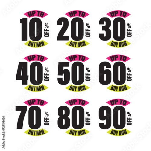 Collection of bold discount badges offering up to 10, 20, 30, 40, 50, 60, 70, 80, and 90 percent off, ideal for sales promotions and marketing isolated on white background