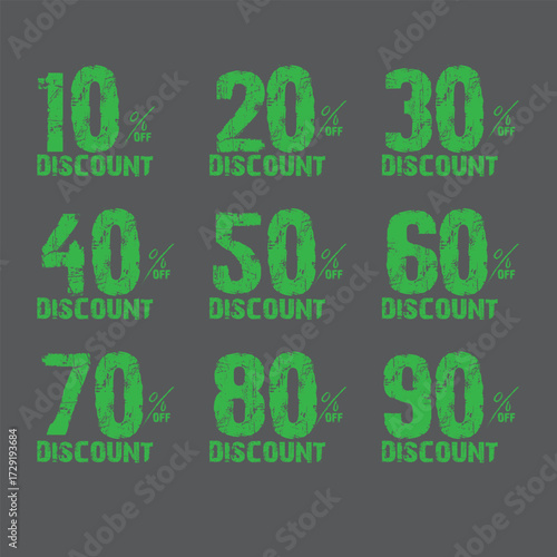 Collection of green grunge discount badges offering up to 10, 20, 30, 40, 50, 60, 70, 80, and 90 percent off, perfect for vintage sales promotions and marketing