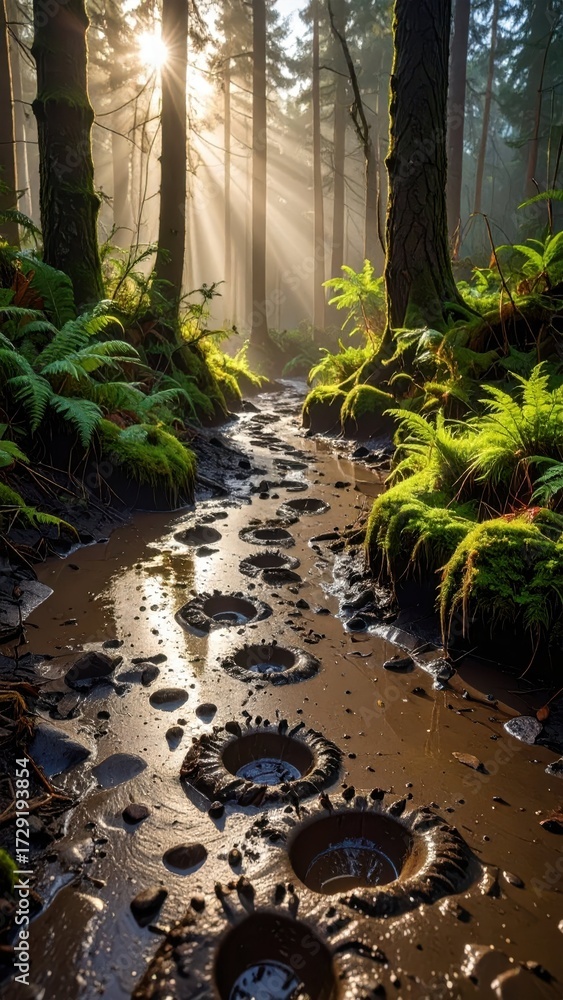 Obraz premium Tranquil Forest Scene with Sunlight and Muddy Pathway