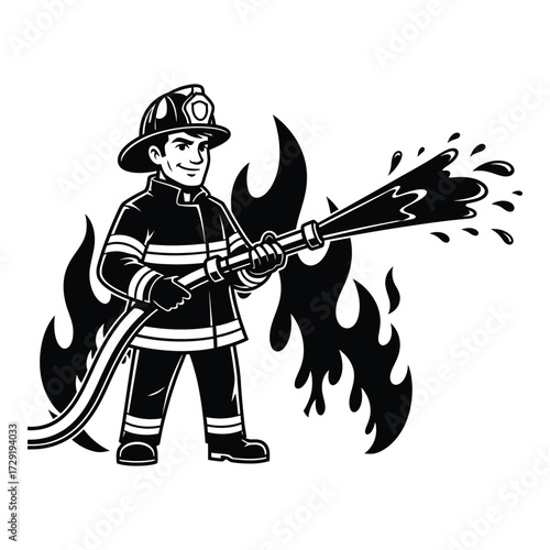 Brave firefighter dousing flames with water spray professional fire fighting action silhouette