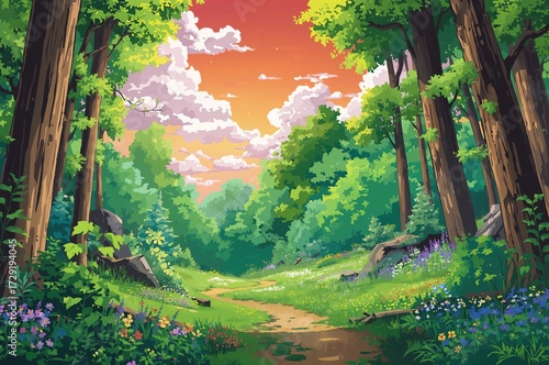 A cartoon-inspired anime depiction of a serene forest landscape