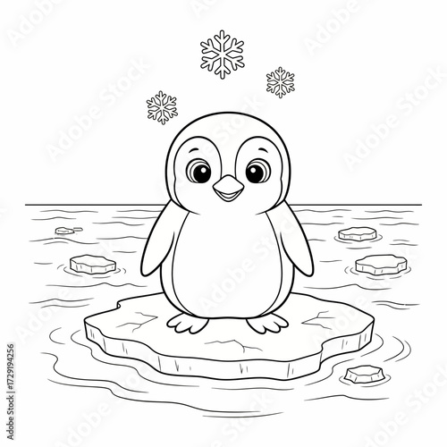 Illustration of a penguin standing on an ice floe with snowflakes falling in a black and white drawing style