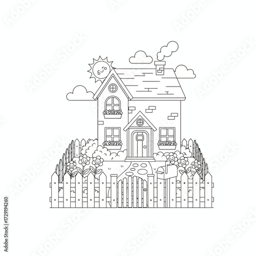 Illustration of a two story house with a picket fence flowers and clouds in a black and white outline style