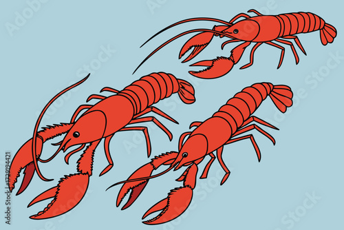  a row of bright red crawfish or lobsters, crawling across a blue background, highly detailed, hyper-realistic, photographic, 8k resolution
