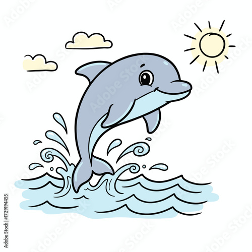 Cartoon dolphin jumping out of the water with sun and clouds in the background on a white background