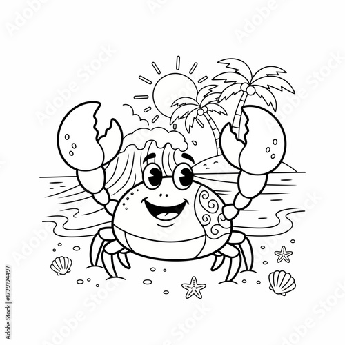 Cartoon crab on a beach with palm trees sun and waves in a black and white coloring page style image