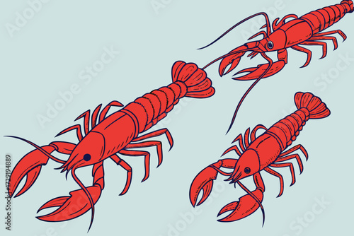  a row of bright red crawfish or lobsters, crawling across a blue background, highly detailed, hyper-realistic, photographic, 8k resolution