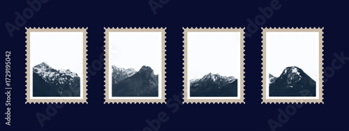 Mountain postage stamp. Contemporary art, philatelic culture, and the environment. A collection of paper mountain and rocky slopes. Peaks with a grunge texture, old postage stamps. Vector illustration
