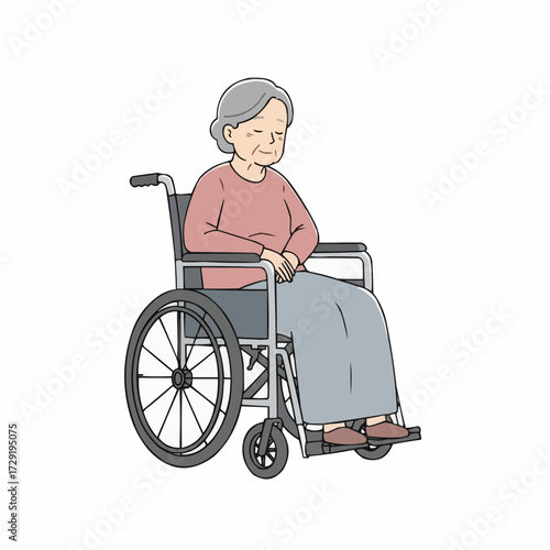 Elderly woman sitting in wheelchair with a calm expression  