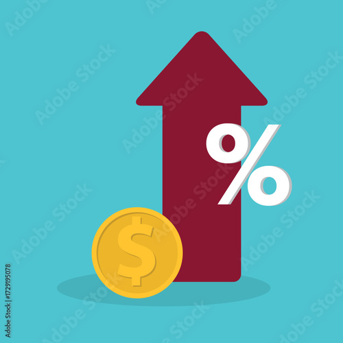 Increased income or revenue, capital gain, increased sales turnover, dollar and arrow with percentage sign	
