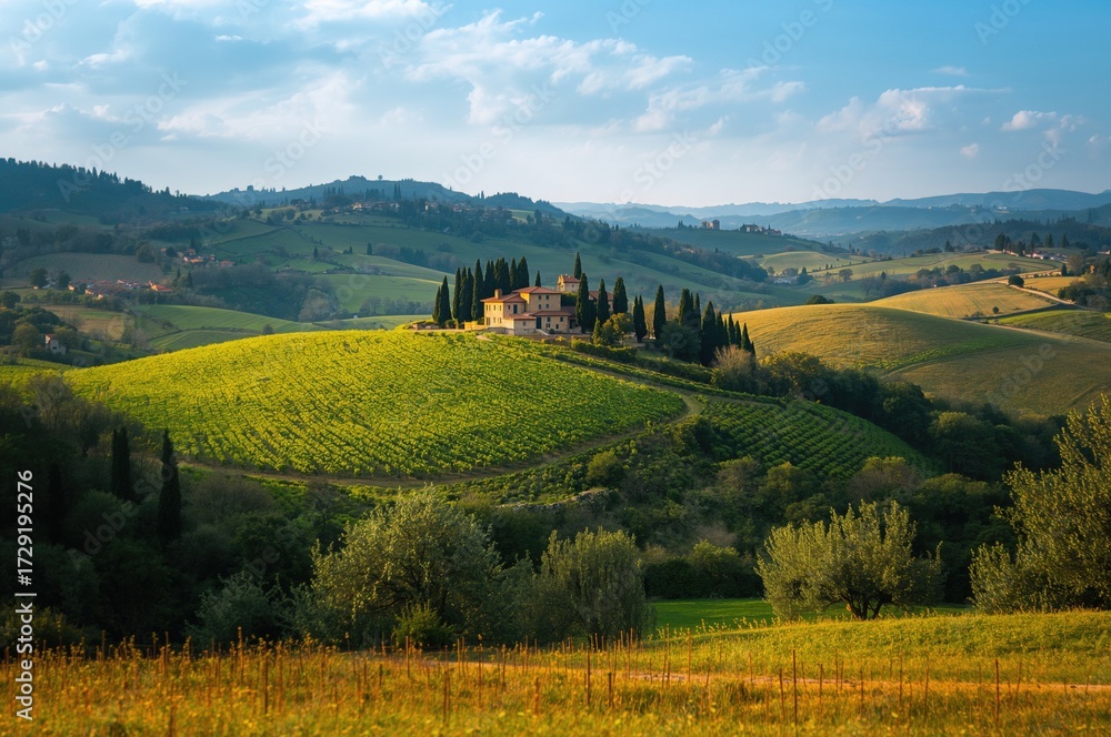 Obraz premium Stunning rural scenery featuring rolling green and yellow hills, olive groves, and a countryside farmhouse in springtime nature