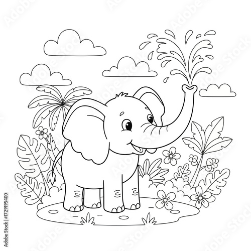 An elephant spraying water in a tropical landscape coloring page with clouds and lush vegetation around it