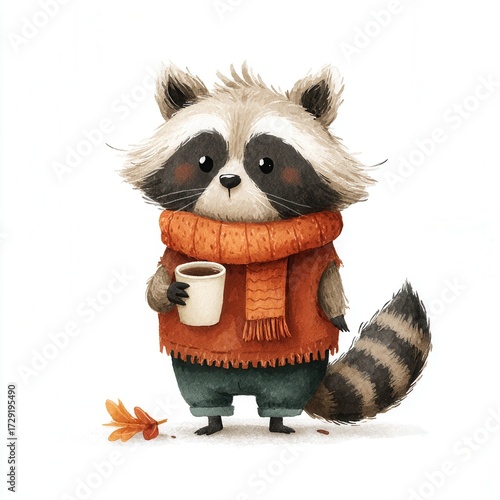Adorable cartoon raccoon holding a cup in cozy autumn attire with orange scarf