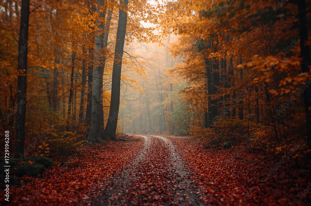 Obraz premium Narrow trail through thick fall woods