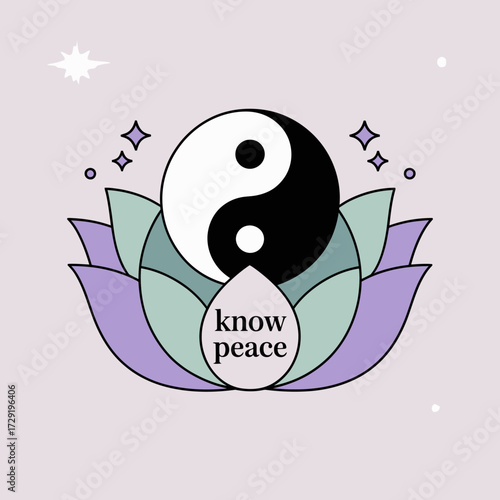Minimalist yin yang symbol centered on a lotus flower with 'know peace' text inspiring balance harmony and serenity vector