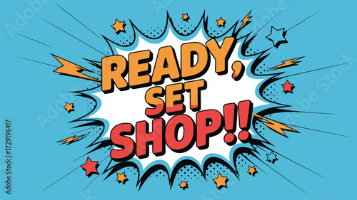 Get ready to shop with this exciting comic book style design, perfect for sales and promotions, grab attention and create a sense of urgency with vibrant colors and dynamic shapes