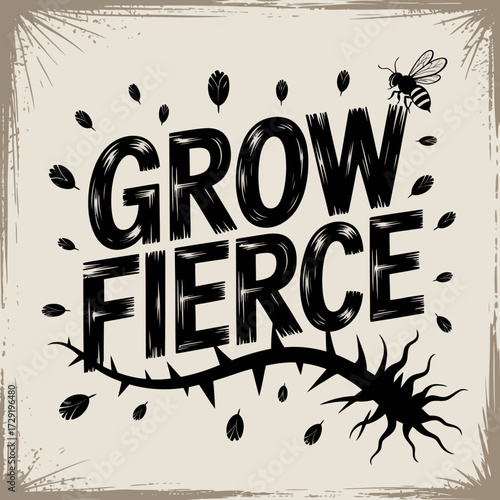Inspiring motivational typography design grow fierce message with thorny vine element and scattered leaves symbolizing growth and resilience vector