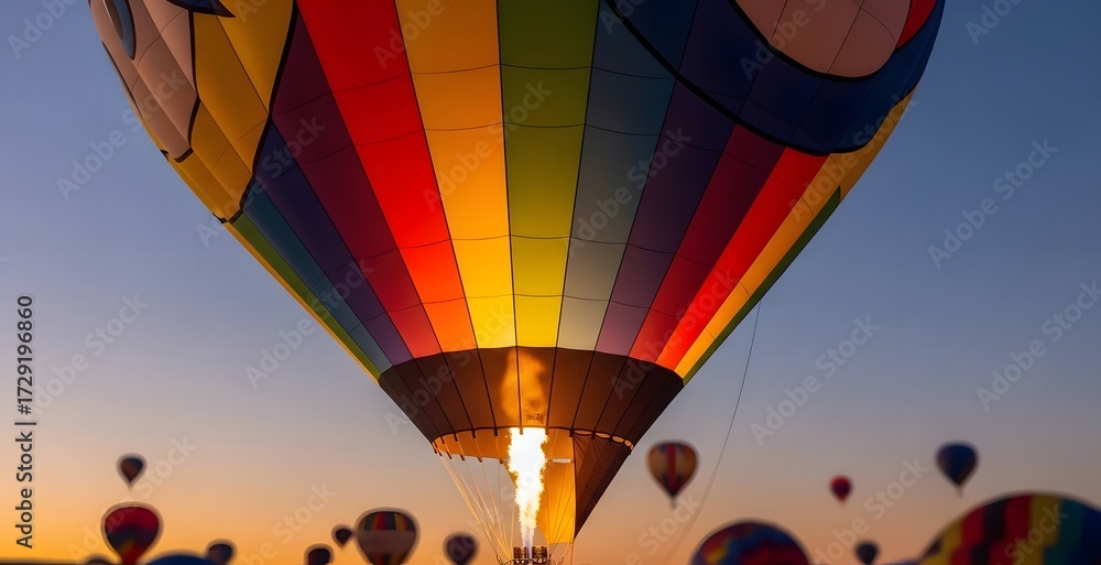 Obraz premium A breathtaking moment captures a vibrant rainbow-striped hot air balloon being inflated at dawn, its fiery burner illuminating the fabric against a soft sky, promising an exhilarating journey.