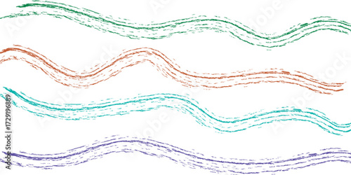 Brush Stroke. Wavy. Colorful. A hand drawn vector set of four wavy brush strokes with a crayon or chalk texture for a social media post, a background, or a creative design element.