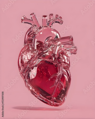 glossy glass anatomical heart pink background glass heart sculpture modern art creative composition