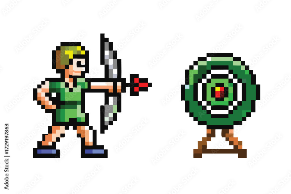 Fototapeta premium Pixel Art Archer Character Sprite, 16-bit Athlete for Competition RPG Game