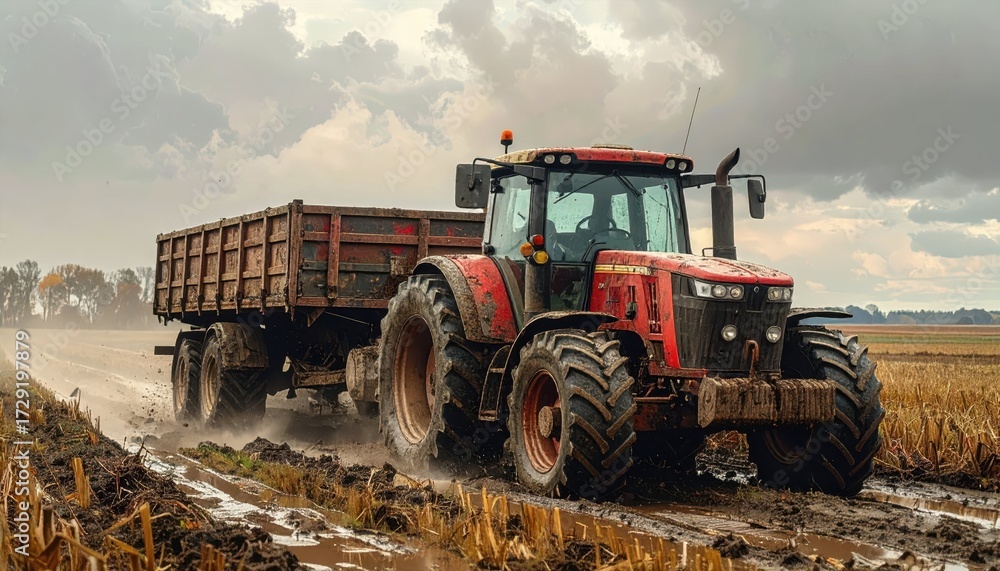 Fototapeta premium Powerful Red Tractor Pulling Wooden Trailer Through Muddy Field