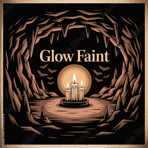Mysterious cave entrance illuminated by a faint glow from a cluster of burning candles casting eerie shadows in a dark fantasy landscape vector