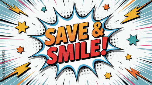 Vibrant comic book style announcement promoting big savings, ready to grab attention and bring excitement to your marketing campaign with its bright colors and dynamic design