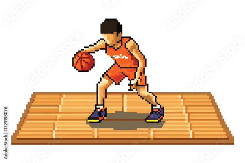Pixel Art Basketball Player Sprite, 16-bit Sports RPG Character Dribbling Ball