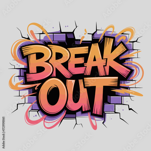Graffiti style break out text with cracking brick wall effect and vibrant graffiti swirls expressing freedom and escape vector