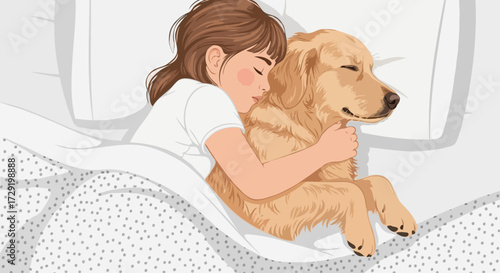 A calm girl sleeps hugging her dog, a golden retriever, in a cozy bed.
