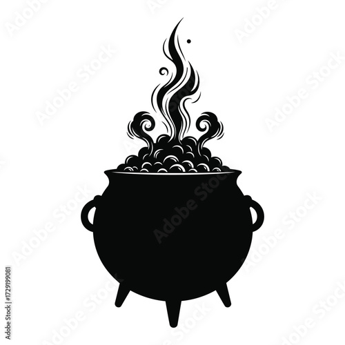 Mysterious black cauldron bubbling with smoke and ingredients for spells silhouette