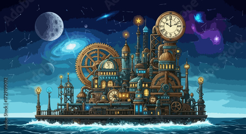 Whimsical Steampunk Cosmic City Floating on the Sea Under a Starry Sky