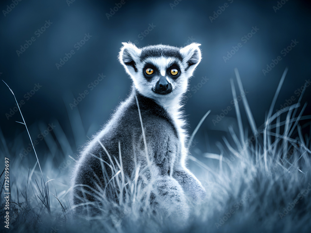 Obraz premium Ring tailed lemur with striking yellow eyes sits alertly in tall grass at twilight