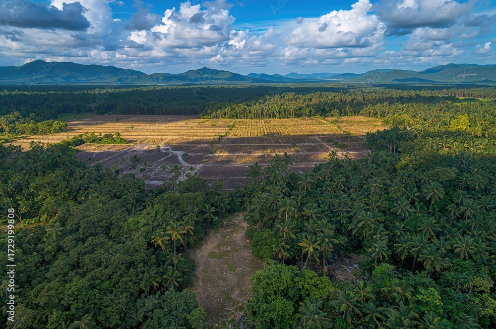 Fototapeta premium Drone perspective capturing extensive rainforest clearing for palm oil farming